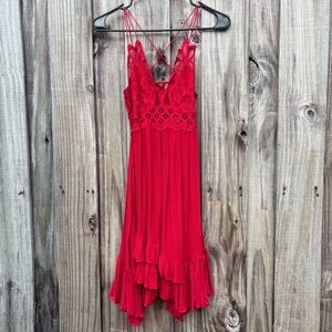 NWOT Free People Red Boho Lace Dress XS Asymmetrical  Smocked Sexy